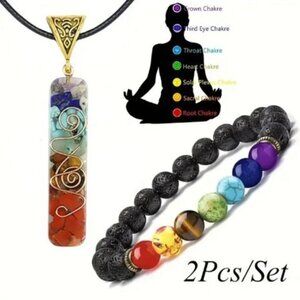 2pcs/set Seven Chakras Yoga Colorful Stone Pendants Necklace, Volcanic Stone